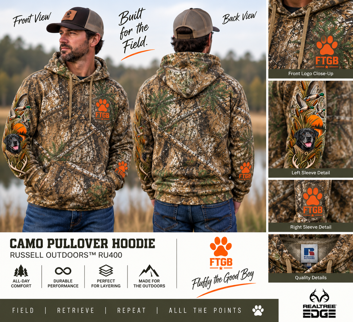 Fluffy the Good Boy Camo Retriever Hoodie | Realtree EDGE Hunting Hoodie with Sleeve Graphics