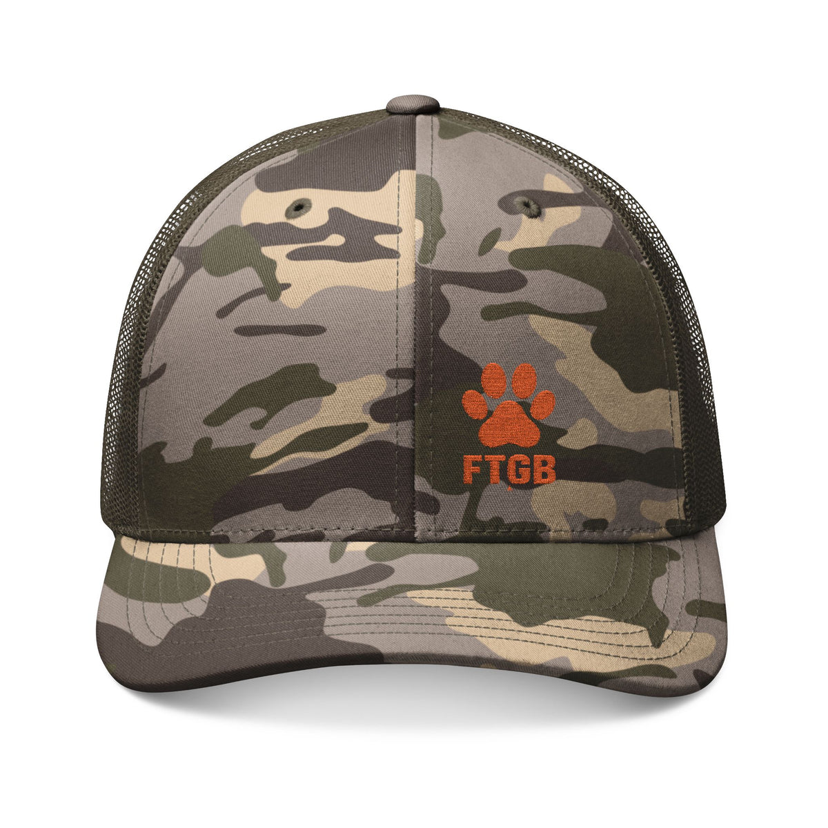 Fluffy the Good Boy Camo Trucker Hat – Embroidered FTGB Paw