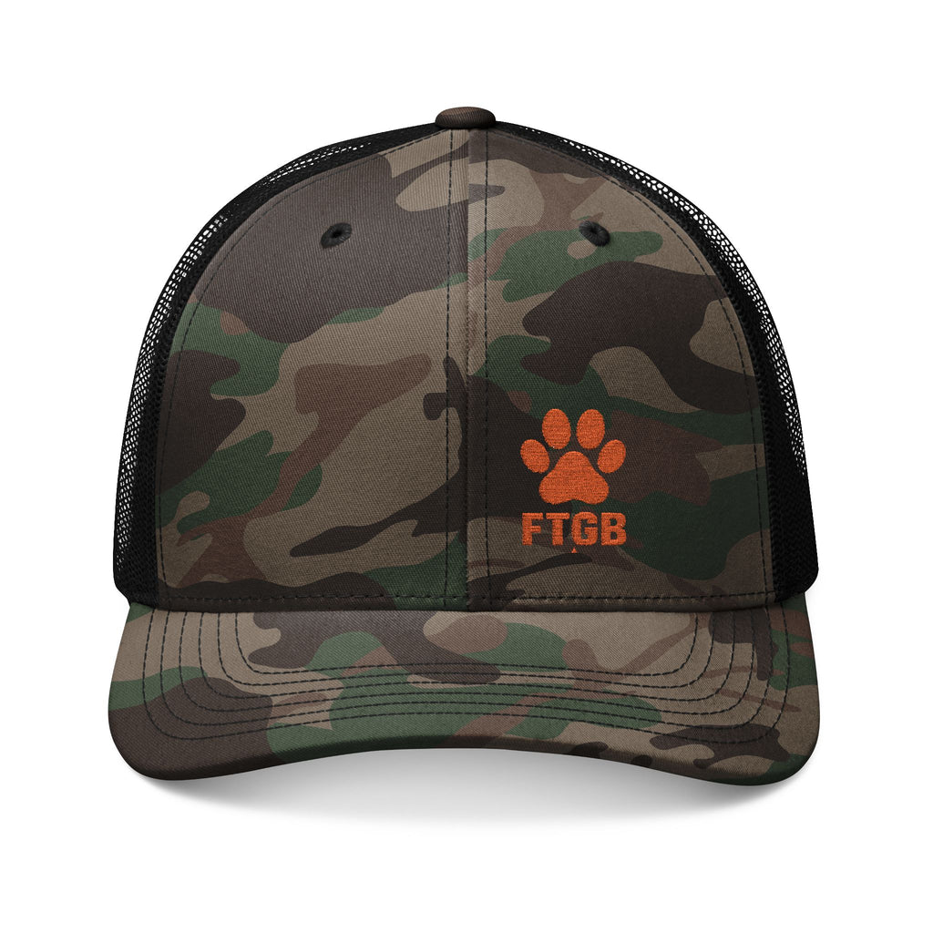 Fluffy the Good Boy Camo Trucker Hat – Embroidered FTGB Paw