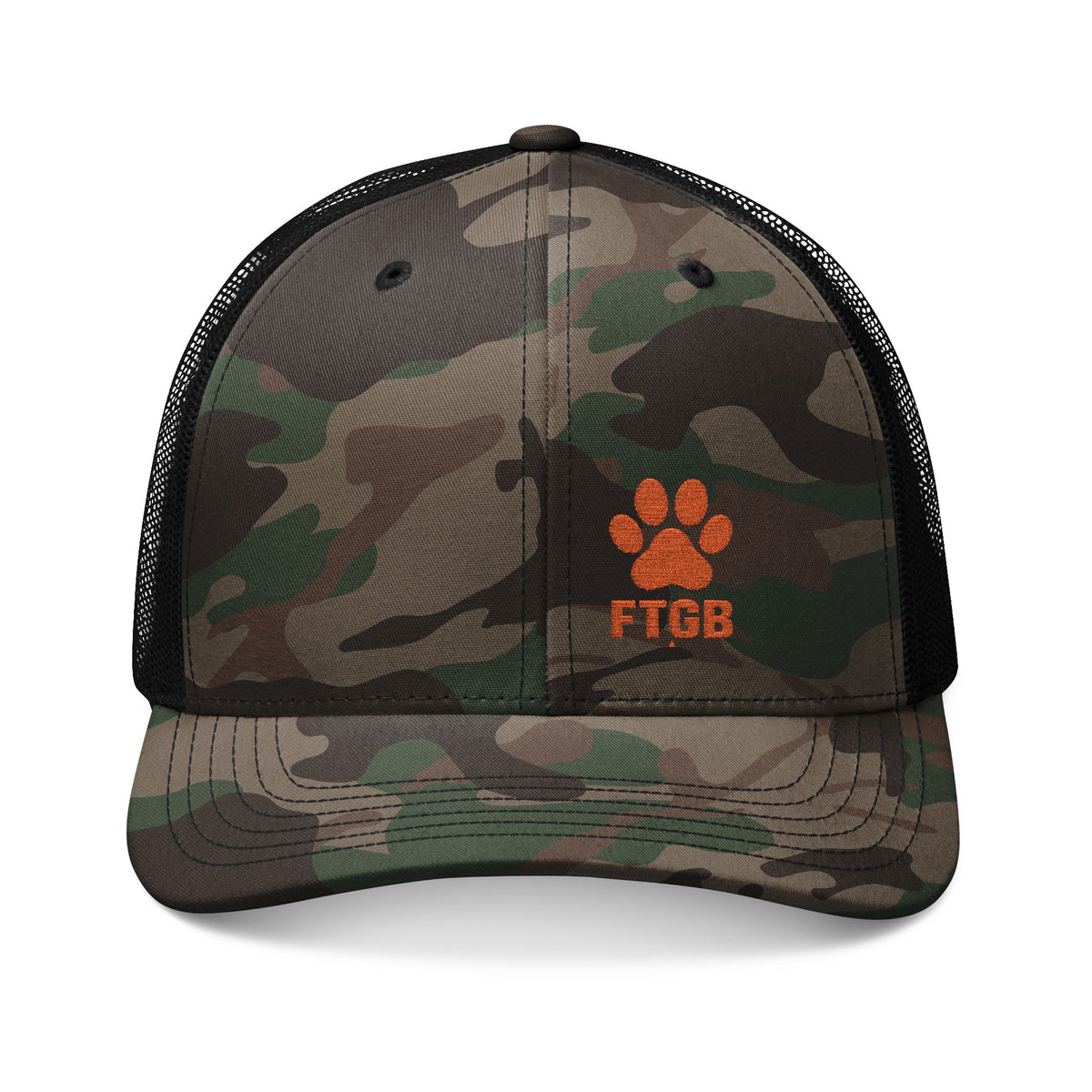 Fluffy the Good Boy Camo Trucker Hat – Embroidered FTGB Paw