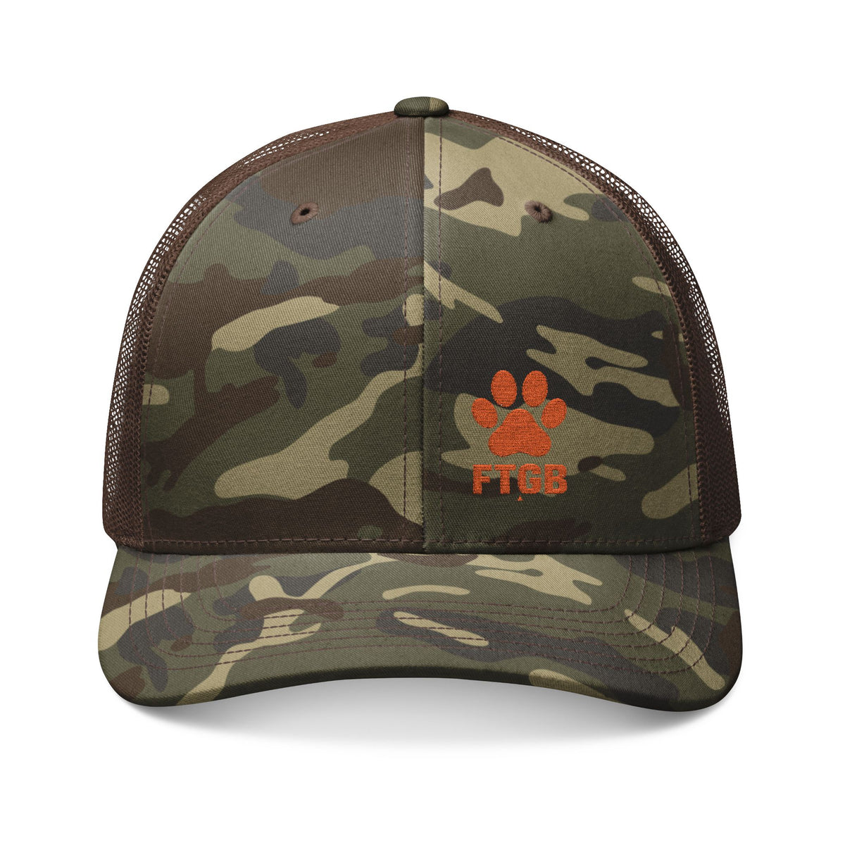 Fluffy the Good Boy Camo Trucker Hat – Embroidered FTGB Paw